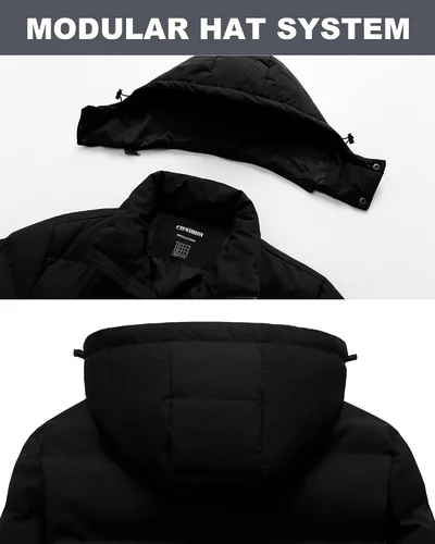 Vista 8 de Abrigo de invierno para hombre, chaqueta larga acolchada impermeable, parka de esquí, ropa exterior gruesa con capucha extraíble Negro
