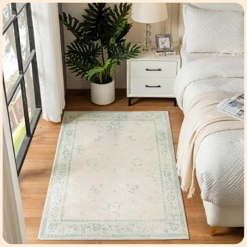 Vista 257 de Istana Alfombra larga antideslizante de 2.5 x 8 para el hogar, para pasillo y cocina, lavable, sedosa y suave al tacto, elegante, color azul y marfil