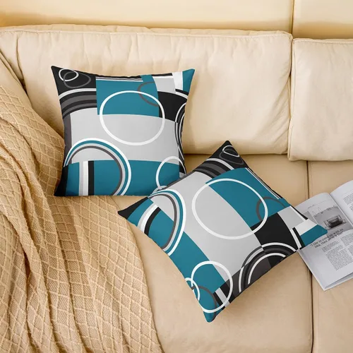 Vista 2 de Juego de 4 fundas de almohada geométricas modernas de turquesa con rayas en gris, negro y azul, cojines decorativos con espirales circulares retro