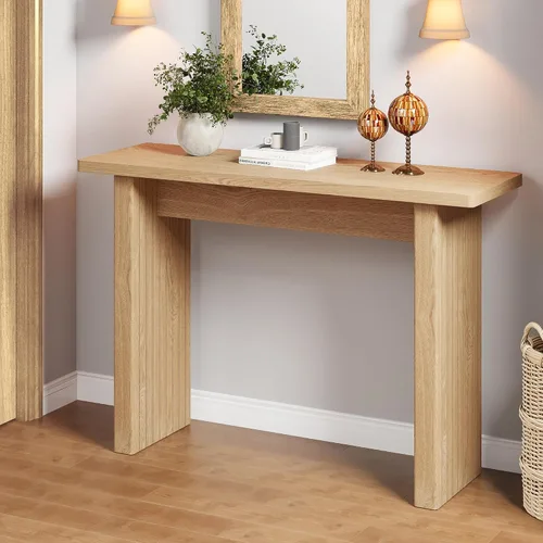 Vista 12 de Mesa Consola Acanalada, Mesa de Entrada Estilo Granja con Almacenamiento y Patas de Madera Acanalada, Mesa de Sofá Estrecha, Mesa de Entrada Pequeña