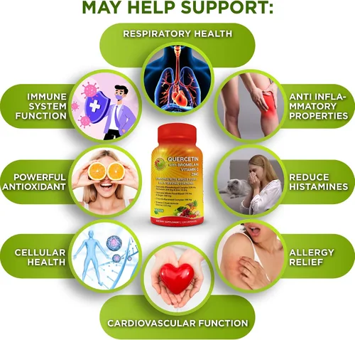 Vista 5 de Quercetina con bromelina – Complejo fosfolípido de quercetina 500 mg Suplemento de alta absorción – Apoyo inmunológico con vitamina C, zinc