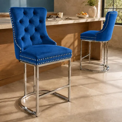 Vista 23 de Juego de 2 taburetes de bar de terciopelo beige con respaldo alto 1 beige.