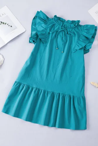 Vista 3 de Dokotoo Vestidos de verano para mujer 2025 con cuello en V con cordón y volantes, manga corta, bolsillos laterales, mini vestido de verano