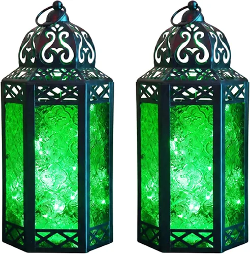 Vista 38 de VELA LANTERNS Juego de 2 portavelas decorativos de LED con luces de hadas de 12" de metal marroquí para colgar o mesa, decoración del hogar