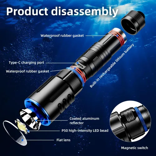 Vista 7 de Linterna de buceo recargable, luz LED de 1000 lúmenes con carga USB-C 1000 lumen underwater LED flashlight with USB-C, aluminum body and