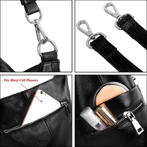 Vista 6 de YALUXE Bolso de hombro de cuero de vaca suave con múltiples bolsillos para mujer, color negro, Negro