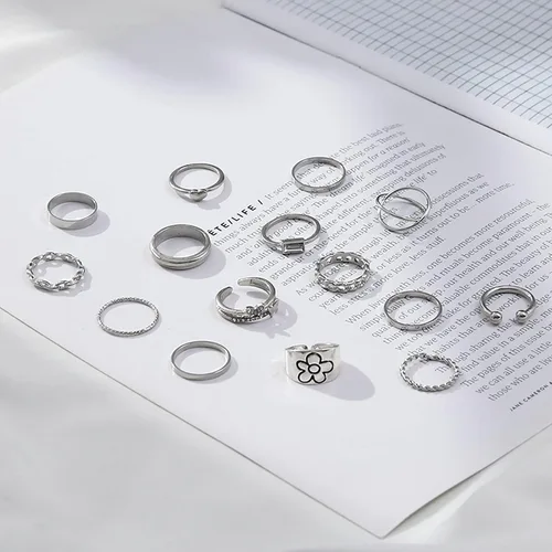 Vista 5 de Juego de 15 anillos bohemios para mujer, anillos de cristal con gemas, conjuntos de anillos de nudo para adolescentes, fiestas, joyería fesvital