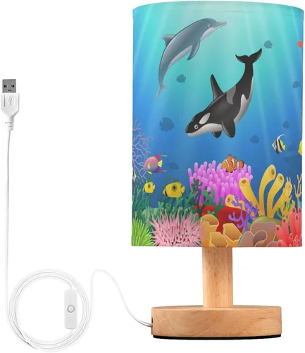 Vista 28 de Lámpara de mesa pintada Mariposa Diente de León con base de madera y pantalla de tela para mesita de noche, lámpara de escritorio para recámara