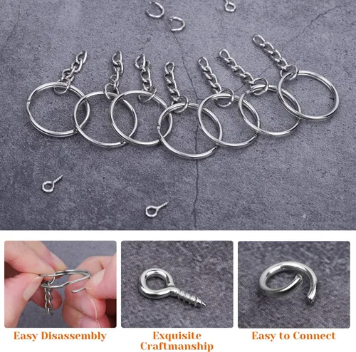Vista 5 de Audab 360 llaveros a granel, 120 anillos de llavero con cadena y 120 anillos de salto abierto con 120 pernos de ojo de tornillo para manualidades