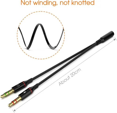 Vista 3 de Audífonos y micrófono Maeline bañado en oro de 3.5 mm hembra a 2 macho y Splitter de cable plano