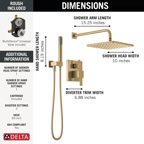 Vista 3 de Sistema de Ducha de Lluvia Cuadrado Delta Modern Serie 14, Conjunto de Grifo, Cabezal de Ducha de Lluvia Oro Cepillado y Conjunto de Mango, Kit