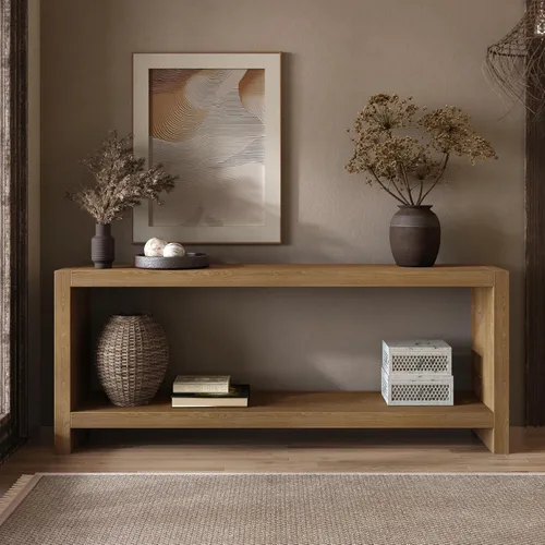 Vista 10 de LUMISOL Mesa de sofá de granja para detrás del sofá, mesa de entrada rústica de 2 niveles con chapa de madera, mesa consola rectangular delgada