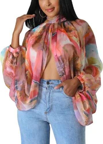 Vista 16 de Tops Sexys para Mujer Fiesta Club Noche con Mangas de Murciélago de Gasa Transparente con Lazo Trasero en la Parte Frontal Camisas de Mujer Casuales