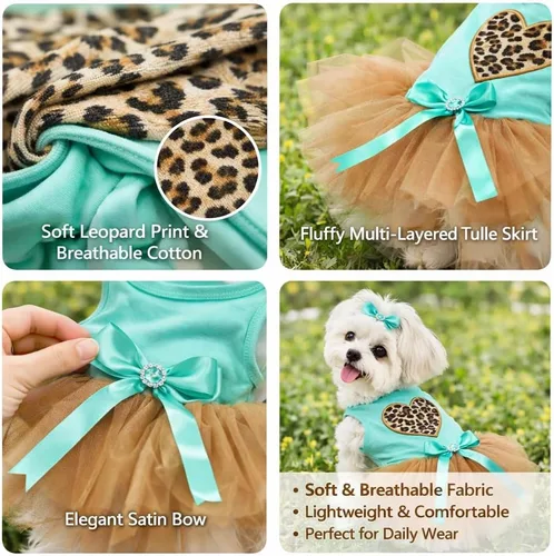 Vista 4 de Petitebella Vestido para perro cachorro con corazón de leopardo (azul aguamarina/dorado, talla XS)