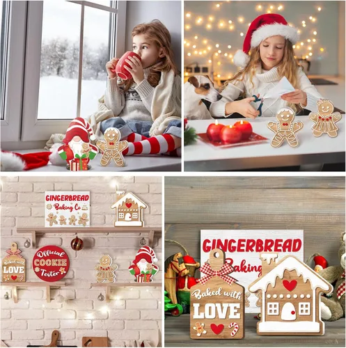 Vista 7 de BBTO 13 piezas de bandeja escalonada de Navidad decoración de Navidad para interiores, letrero de madera para casa de Navidad, pan de jengibre