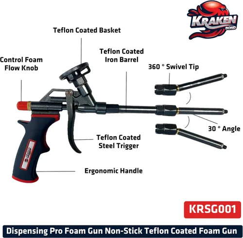 Vista 3 de Pistola de espuma Kraken Bond PRO - Pistola dispensadora de espuma de 20 cm duradera para contratistas y aficionados, revestimiento antiadherente