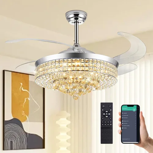 Vista 10 de Ventilador de Techo de Araña de Cristal de 48", Ventilador de Techo de Araña Retráctil Invisible Moderno con Luces, con Control Remoto