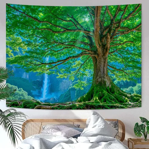 Vista 15 de Zussun Tapiz de Bosque Natural de Montaña Tapiz Verde de Pino Luz Solar Selva para Dormitorio Estético Planta Paisaje de Montaña Tapices Pequeños