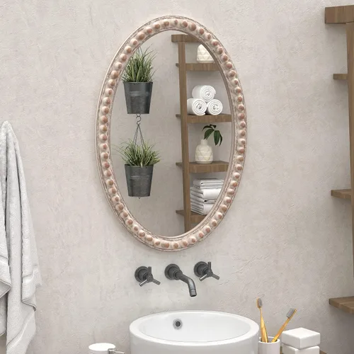Vista 5 de COZAYH Espejo decorativo con marco de madera envejecida, espejo decorativo de pared estilo rústico (ovalado)