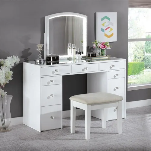 Vista 5 de Furniture of America Galveston - Juego de tocador de madera maciza de 3 piezas, color blanco