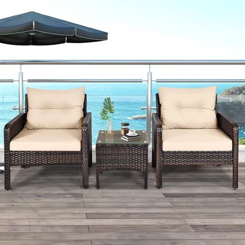 Vista 2 de ORALNER Juego de 3 piezas para conversación de patio, sofá de mimbre para todo tipo de clima y mesa auxiliar con cojines gruesos, muebles de Marrón