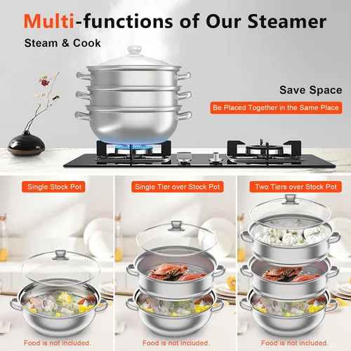 Vista 3 de Ollas de vapor de acero inoxidable de 3 niveles con tapa, vaporizador de alimentos para cocinar verduras, mariscos, sopas, guisos y pasta, albóndigas
