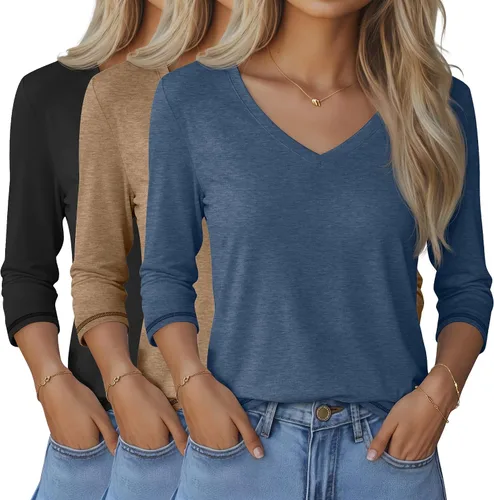 Vista 49 de Ficerd Paquete de 3 camisetas de manga 3/4 para mujer, cuello en V, blusas holgadas, blusas casuales, ropa de moda 2026
