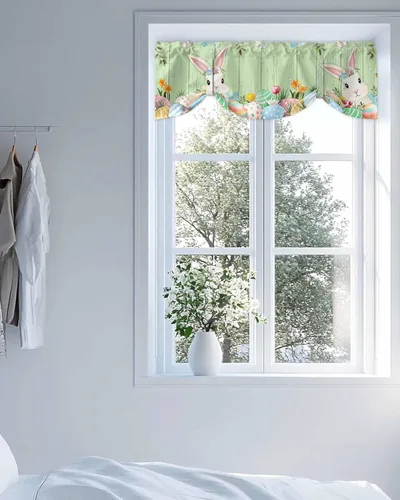 Vista 4 de Cenefa de primavera con amarre para ventanas de cocina, cenefas de cortina con lindos huevos coloridos de conejo, 42 x 12 pulgadas, 1 panel