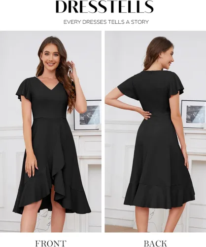 Vista 4 de DRESSTELLS Vestidos formales para mujer 2023 con volantes, cuello en V, vestido de cóctel, fiesta de té, vestido modesto de iglesia para invitados