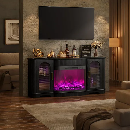 Vista 8 de Soporte de TV estriado de 70 pulgadas con chimenea eléctrica curvada Negro