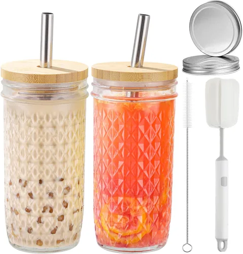 Vista 9 de Juego de 2 vasos de vidrio - Vasos para beber tipo Mason Jar de 24 oz con tapas de bambú y pajitas y 2 tapas herméticas, lindo vaso reutilizable