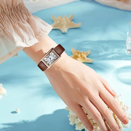 Vista 6 de FANMIS Womens Vintage Rectangular Watches Rose Gold Case Roman Numeral Luxury Wristwatch Square Brown Leather Strap Watch