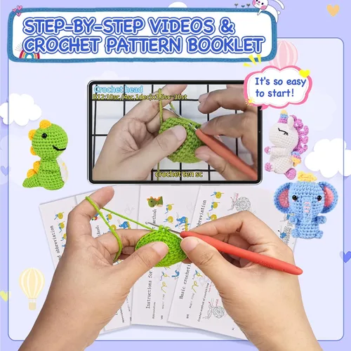 Vista 4 de Wunila Kit de ganchillo de 6 piezas para principiantes, manualidades para adultos, grandes regalos para amantes del ganchillo, kits de animales
