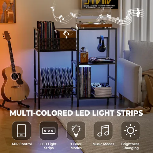 Vista 2 de Soporte para tocadiscos con luz LED, soporte para tocadiscos con almacenamiento de vinilo para más de 300 álbumes, gabinete multimedia de 3 niveles