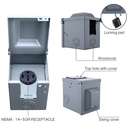 Vista 2 de Miady Caja de toma de corriente para autocaravana de 50 amperios y 125/250 voltios, cerrada, con cerradura, resistente a la intemperie, panel