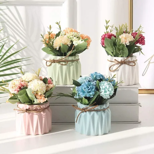 Vista 5 de Plantas de flores artificiales – Mini flores de hortensias falsas en maceta para decoración del hogar, fiesta, boda, oficina, patio, mesa