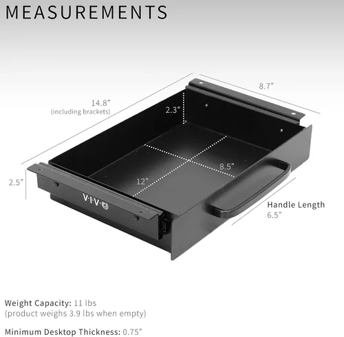 Vista 3 de VIVO DESK-DR1H-B - Cajón deslizante extraíble montado debajo del escritorio de 13 pulgadas para escritorio de oficina, asa de tirar, organizador