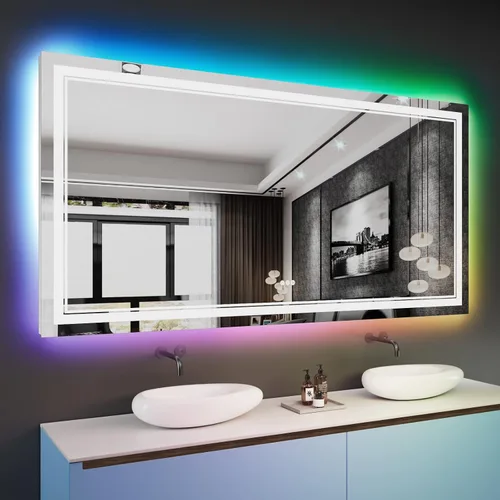Vista 40 de Espejo de baño LED de 24 x 28 pulgadas, luz frontal y retroiluminada, antiniebla, regulable, espejo de tocador iluminado con memoria, espejo LED
