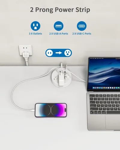 Vista 2 de NTONPOWER - Tira de alimentación de 2 clavijas con USB-C, cable de extensión de 2 clavijas de 15 pies, adaptador de salida de 2 clavijas a 3