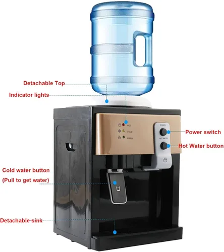 Vista 5 de Dispensador de enfriador de agua para encimera, 3 ajustes de temperatura, dispensador de agua caliente y fría, capacidad para botellas de 1.2 a 5