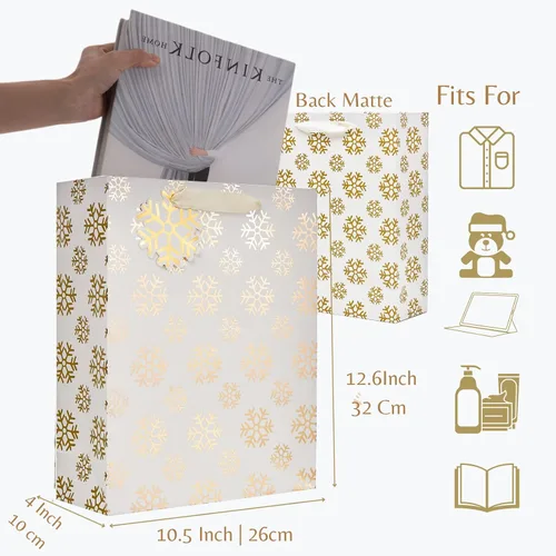 Vista 3 de UNIQOOO 12 bolsas de regalo de Navidad doradas metálicas a granel con etiqueta, grandes de 12.5 x 10.5 pulgadas, copos de nieve surtidos, renos