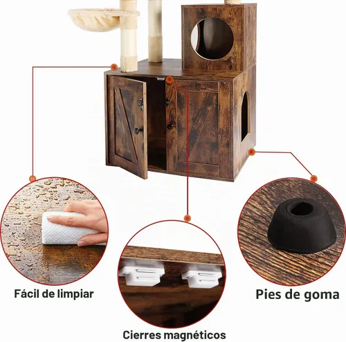 Vista 6 de Timberer Árbol para gatos con torre y caja de arena, refugio para gatos de madera 2-en-1 con poste de rascar de sisal, hamaca, marrón