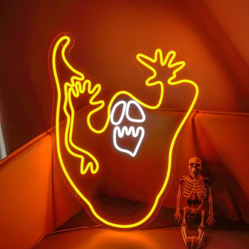 Vista 6 de AKOLENM Letrero LED de neón de fantasmas de Halloween, decoración de Halloween, letrero de luz de neón fantasma para fiesta de Halloween, bar, Rojo
