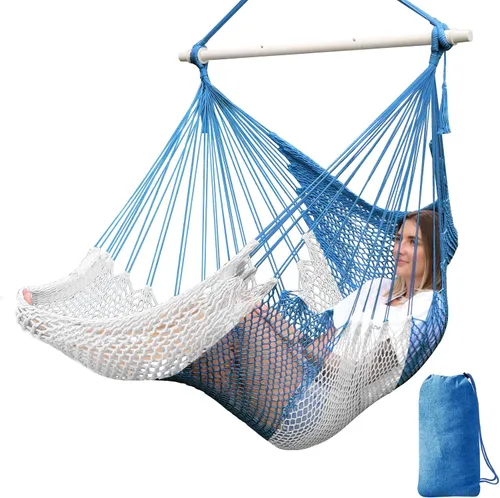 Vista 15 de Chihee Hamaca Silla de malla tejida hecha a mano Asiento colgante Barra esparcidora de metal