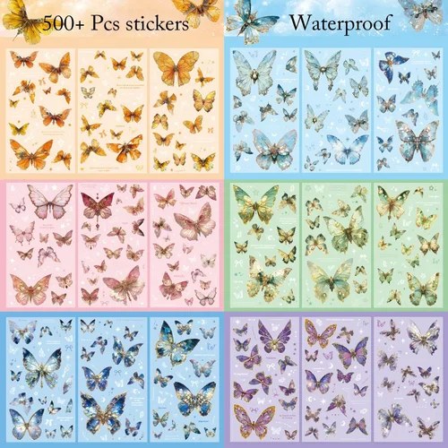 Vista 8 de Calcomanías de mariposa (18 hojas/más de 500 piezas) coloridas holográficas con purpurina para PET, calcomanías transparentes para álbumes