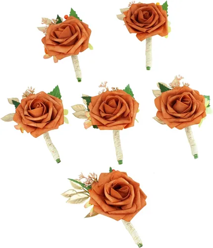 Vista 11 de Sinlge - Boutonniere blanco marfil para hombres, para boda, novio, padrinos de boda, color crema, flores de rosas artificiales para ceremonia