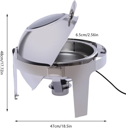 Vista 2 de Juego de bufé redondo de acero inoxidable de 6 litros, temperatura ajustable de 131.0 °F-185.0 °F, calentador de alimentos con 2 sartenes, soporte