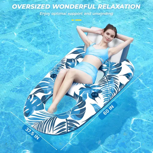 Vista 5 de JCLEAL Flotadores de piscina para adultos de 1-2-3 personas, tumbona inflable extra grande, silla reclinable reclinable con respaldo, reposapiés