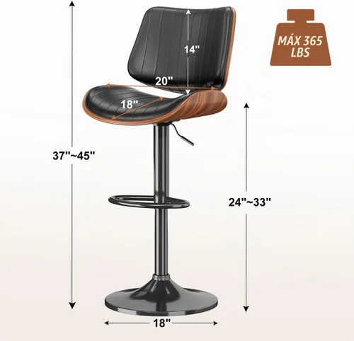 Vista 3 de Juego de 1 taburetes de bar giratorios de madera curvada ajustables para encimera de cocina, moderna silla de bar tapizada de piel sintética
