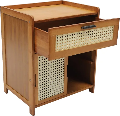 Vista 3 de Mesita de noche, mesita de noche de bambú con cajón y estante, mesitas de noche bohemias, mesa auxiliar, mesas auxiliares, dormitorio, oficina